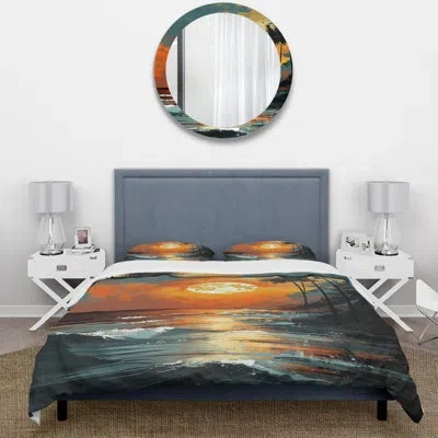 Design Art Sunset Strip At Coastal Paradise I - Coastal Minimalism Duvet Cover Set In Blue;orange
