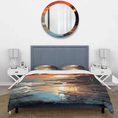 Design Art Sunset Strip At Coastal Paradise Ii - Coastal Minimalism Duvet Cover Set In Blue;orange