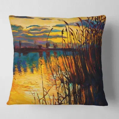 Design Art Sunset Through The High Grass By The Lake Square Pillow Cover & Insert In Yellow