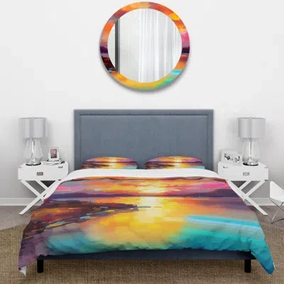 Design Art Sunset With Colorful Reflections Ii - Coastal Sunset Comforter Set Of 4 In Blue;yellow