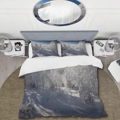 Design Art Sunshine Through Snowy Winter Landscape I - Cabin & Lodge Duvet Cover Set - Microfiber Polyester In White