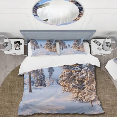 Design Art Sunshine Through Snowy Winter Landscape Ii - Cabin & Lodge Duvet Cover Set - Microfiber Polyester In Blue,brown
