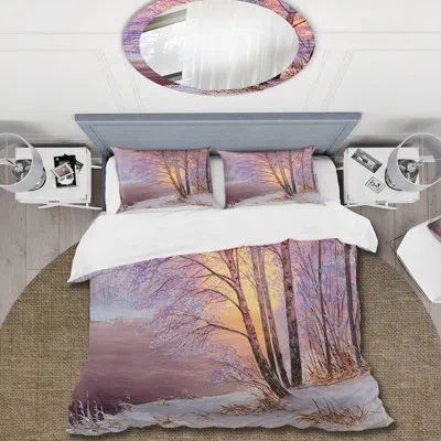 Design Art Sunshine Through Snowy Winter Landscape Iii - Cabin & Lodge Duvet Cover Set - Microfiber Polyester In Purple,brown