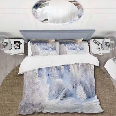 Design Art Sunshine Through Snowy Winter Landscape Iv - Cabin & Lodge Duvet Cover Set - Microfiber Polyester In White,black