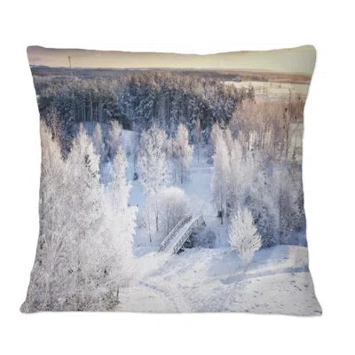Design Art Sunshine Through Snowy Winterlandscape Iv - Cabin & Lodge Printed Throw Pillow In Black;white