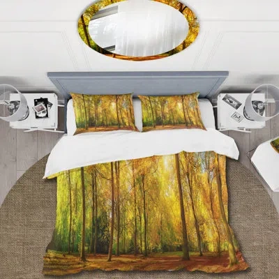Design Art Sunshine Through The Autumn Forest - Cabin & Lodge Duvet Cover Set - Microfiber Polyester In Yellow;orange