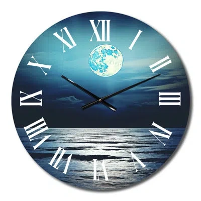 Design Art Super Moon Over The Sea Iii Metal Wall Clock In Blue;black