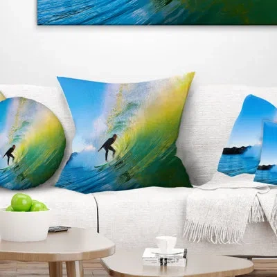 Design Art Surfer Beating Green Waves - Sea & Shore Printed Pillow In Blue;green