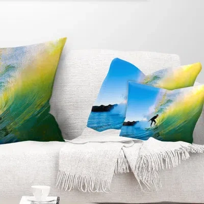 Design Art Surfer Beating Green Waves - Sea & Shore Printed Throw Pillow