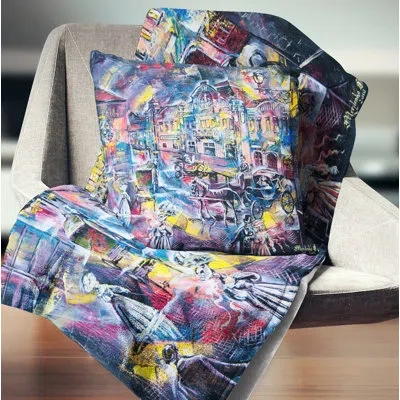 Design Art Surreal City In Graphics - Abstract Printed Pillow In Blue;yellow
