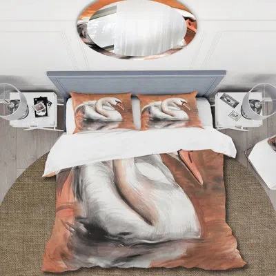 Design Art Swan On The Water - Traditional Duvet Cover Set - Microfiber Polyester In Brown,gray