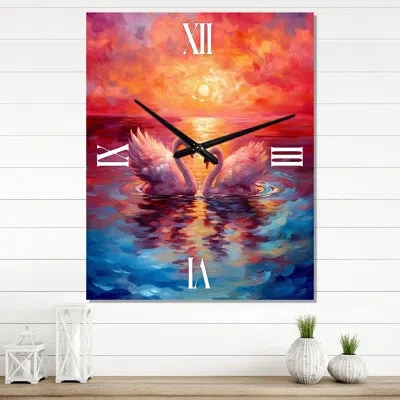 Design Art Swans In Love Reflection At Majestic Sunset - Animals Swans Modern Wall Clock In Yellow;pink
