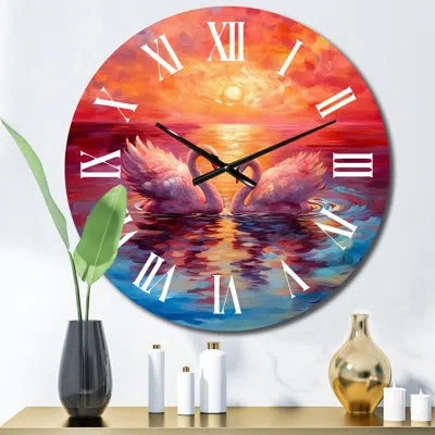 Design Art Swans In Love Reflection At Majestic Sunset Metal Wall Clock In Yellow