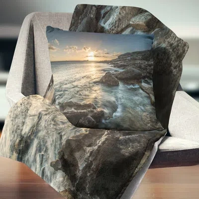 Design Art Sydney Beach With Bright Sunset - Sea & Shore Printed Pillow In Blue