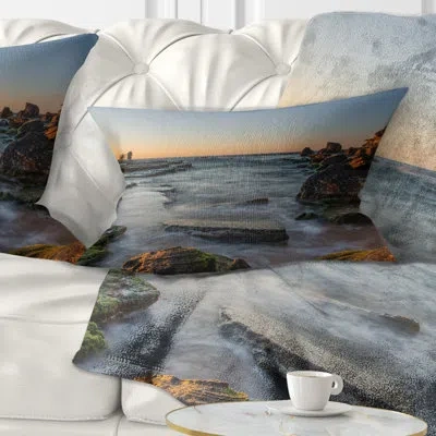 Design Art Sydney Sunrise Over Seashore Seascape Lumbar Pillow In Blue;orange