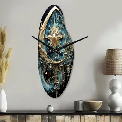 Design Art Symbols Crescent Moon And Stars - Symbols Asymmetrical Metal Clock, Gold Curved Metal Clock Print