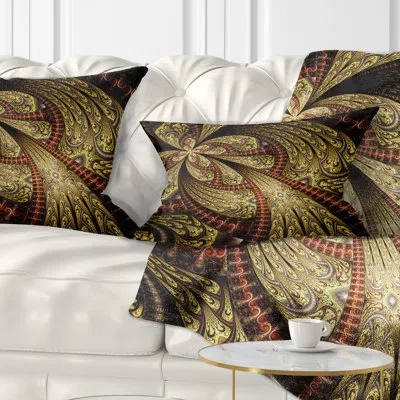 Design Art Symmetrical Brown Red Fractal Flower - Floral Printed Throw Pillow