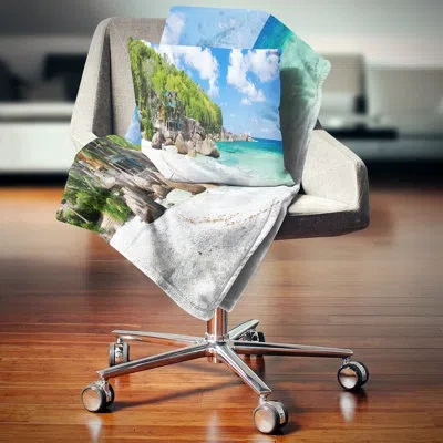 Design Art Takamaka Beach In Mahe Island - Sea & Shore Printed Pillow In Blue;white