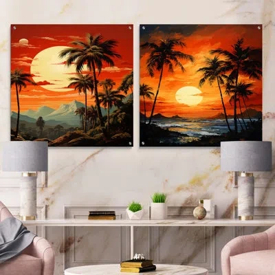 Design Art Tangerine Twilight Tropical Tranquility - Palms & Palm Trees Acrylic Wall Art Glass Set Of 2 In Multicolor
