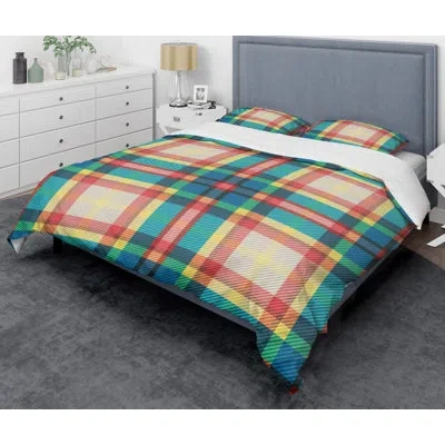 Design Art Tartan Geometrical Texture Iii Mid-century Duvet Cover Set In Blue