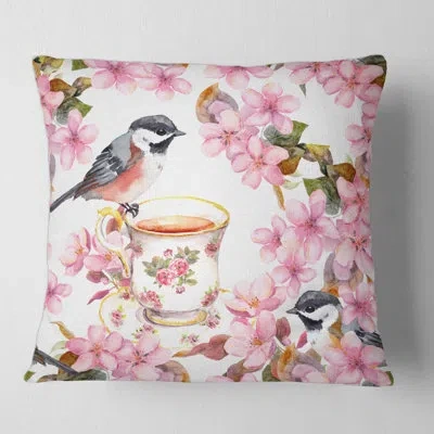 Design Art Tea Cup Birds And Flowers Square Pillow Cover And Insert In Pink