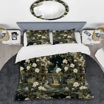 Design Art Tea House Elegance Ii Duvet Cover Set In White;green