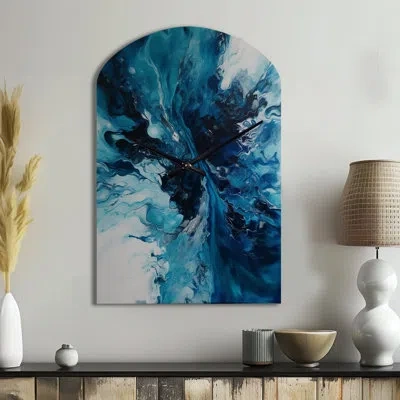 Design Art Teal And Black Aqueous Whimsy I - Asymmetrical Abstract Metal Wall Clocks, Arch Wall Clock Print In Black;teal