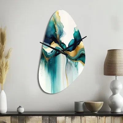 Design Art Teal And Gold Abstract Expression I - Liquid Ink Unique Shape Metal Clock, Turquoise Asymmetrical Wa In Green