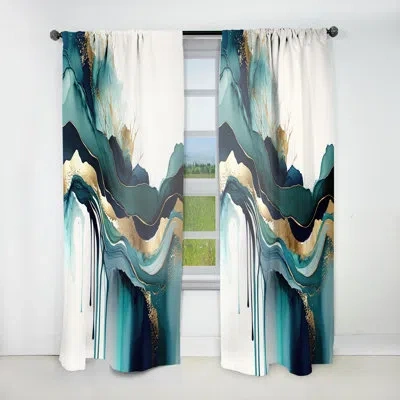 Design Art Teal And Gold Abstract Expression Iv - Abstract Velvet Curtain - 1 Panel In Gold;teal