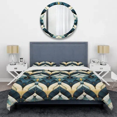 Design Art Teal And Gold Damask Geometric Dream - Damask Duvet Cover Set In Gold;teal