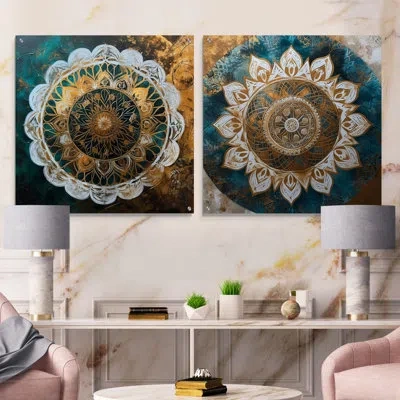 Design Art Teal And Gold Mandala I - Boho Mandala Acrylic Wall Art Glass Set Of 2 In Teal,gold