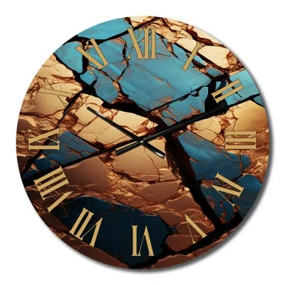 Design Art Teal And Gold Marble Art I Metal Wall Clock In Turquoise