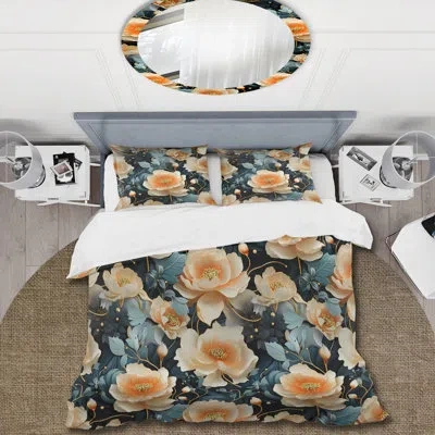 Design Art Teal & Peach Floral Futuristic Elegance - Floral Duvet Cover Set In Teal;peach