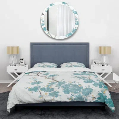 Design Art Teal Cherry Blossoms Ii - Traditional Floral Duvet Cover Set - Microfiber Polyester
