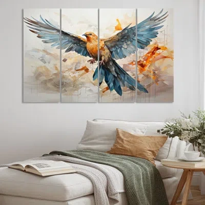 Design Art Teal Dove Winged Messenger Geometric I - Animals Metal Art Print Set In Orange;teal