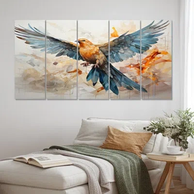 Design Art Teal Dove Winged Messenger Geometric I - Animals Metal Art Print Set In Orange;teal