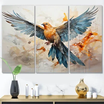 Design Art Teal Dove Winged Messenger Geometric I - Animals Metal Art Print Set In Orange;teal