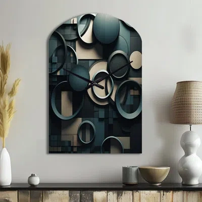 Design Art Teal Fragmented Forms - Cubism Arch Metal Wall Clock, Modern Asymmetrical Wall Clock Print In Black;teal