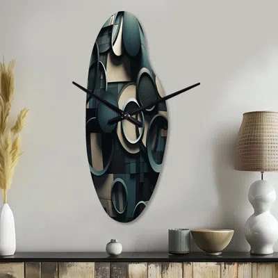 Design Art Teal Fragmented Forms - Cubism Curved Metal Clock, Modern Asymmetrical Wall Clock Print In Black;teal