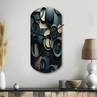 Design Art Teal Fragmented Forms - Cubism Cylinder Metal Wall Clock, Teal Asymmetrical Metal Clock Print In Black;teal