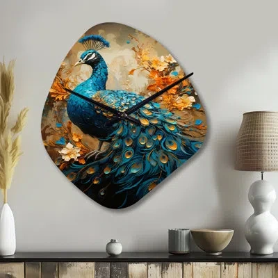 Design Art Teal Gold Emerald Peacock Drips - Peacock Unique Shape Metal Wall Clock, Modern Freeform Wall Clock  In Gold;teal