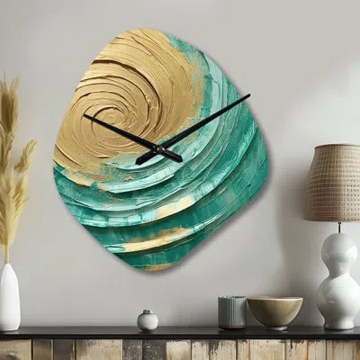 Design Art Teal Gold Surreal Spirals Iii - Asymmetrical Abstract Spirals Metal Wall Clock, Teal Wall Clock Prin In Gold;teal
