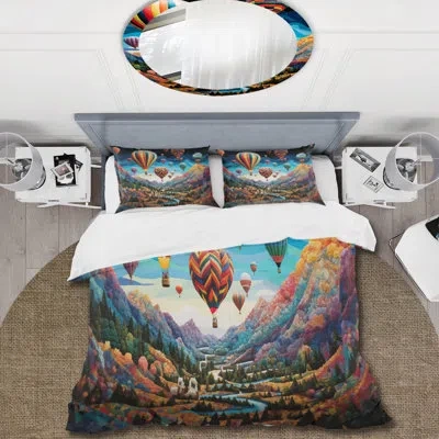 Design Art Teal Hot Air Ballon Mosaic - Hot Air Balloon Duvet Cover Set - Microfiber Polyester In Blue;red;orange
