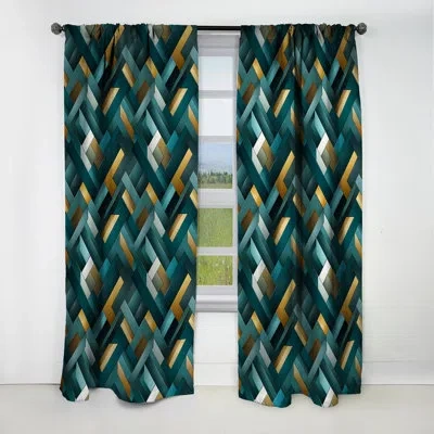 Design Art Teal Modern Geometric Tiles I - Abstract Curtain - Blackout Geometric Curtain - 1 Panels In Green;gold