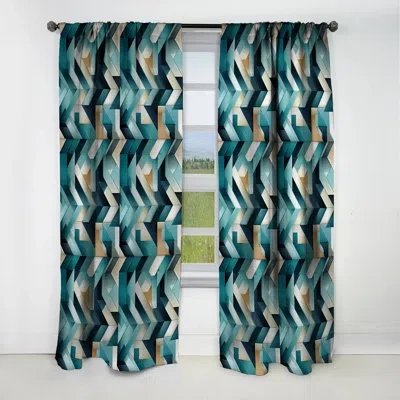 Design Art Teal Modern Geometric Tiles Ii - Abstract Curtain - Blackout Geometric Curtain - 1 Panels In White;green