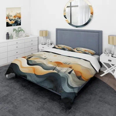 Design Art Teal Orange Line Art Landscape - Abstract Line Art Landscape Duvet Cover Set - Microfiber Polyester In Orange;teal