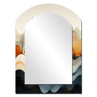 Design Art Teal Orange Line Art Landscape - Landscape Line Art Arch Decorative Wall Mirror, Modern Asymmetrical
