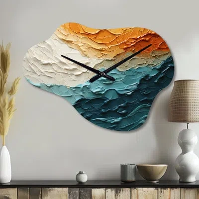 Design Art Teal Orange Ocean Coastal Essence Collage - Ocean Cloud Metal Wall Clock, Teal Asymmetrical Wall Clo In Orange;teal