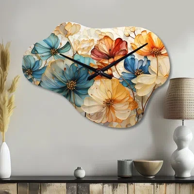 Design Art Teal Orange Petal Mosaics Ii - Botanicals Asymmetrical Metal Wall Clock, Modern Cloud Wall Clock Pri In Orange;teal