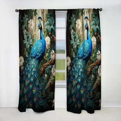 Design Art Teal Peacock Monochrome - Peacock Blackout Animal Print Curtain - 1 Panel